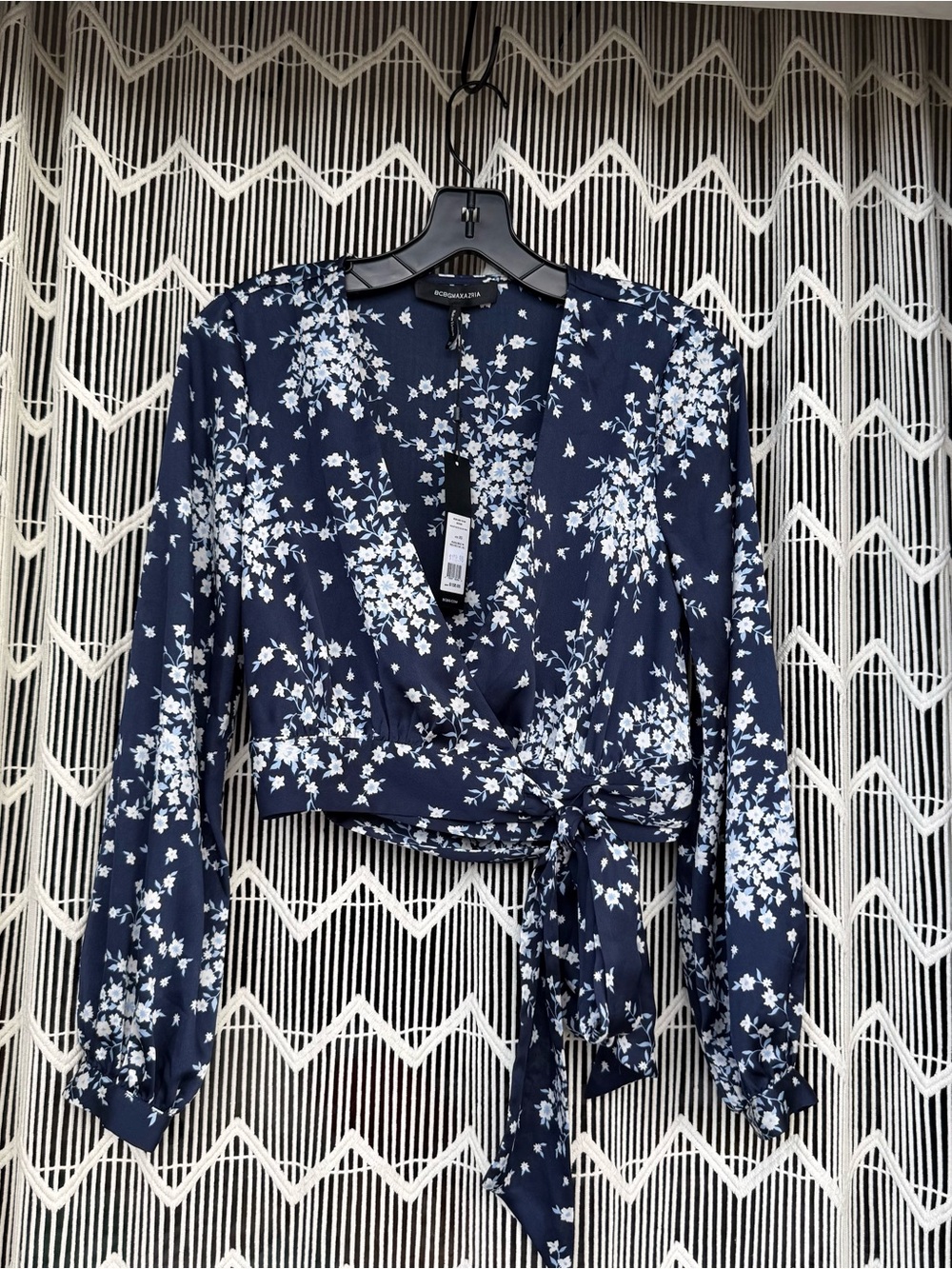 BCBG Navy Blue Floral Wrap Blouse